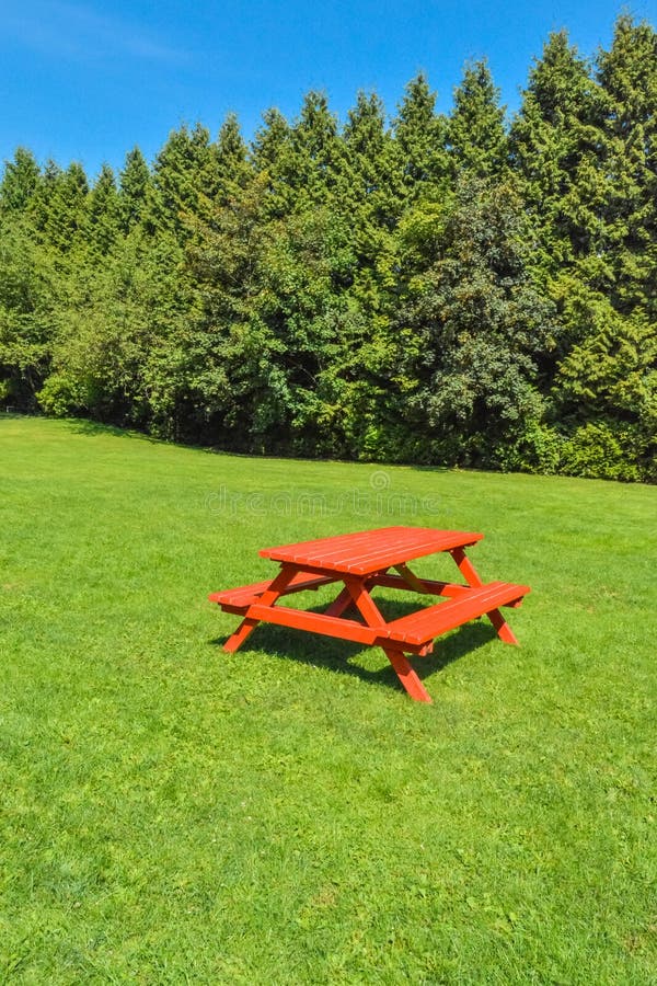 Rest Area with Red Picnic Table on Green Lawn in a Park. Stock Image