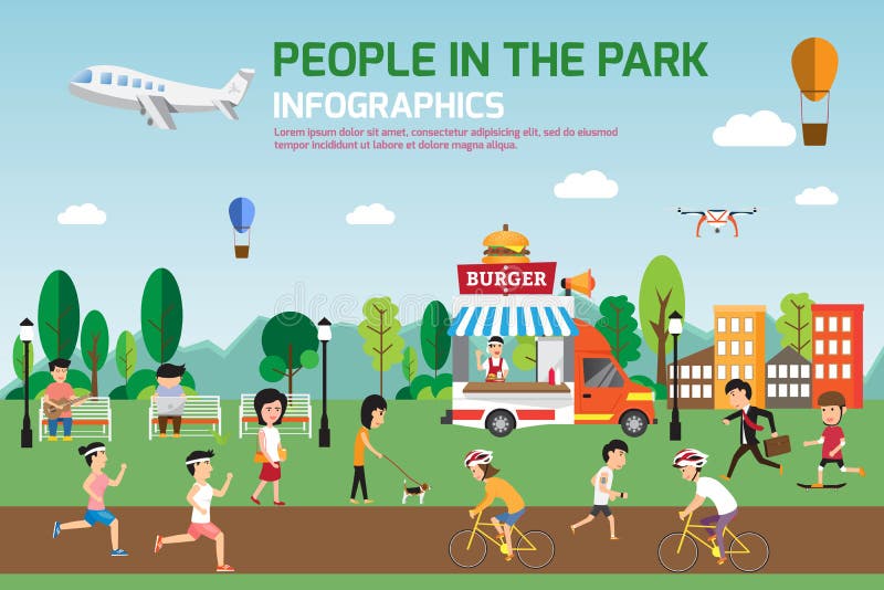 Rest in the park infographic elements flat vector design. People spend time relaxing and various activities in nature that have food truck. vector illustration.