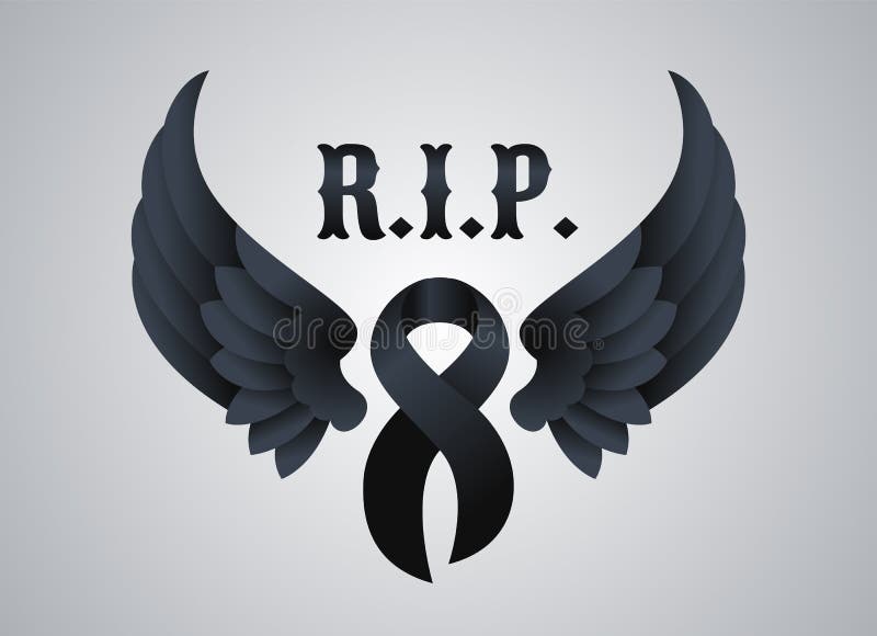 Rest in peace RIP. with black ribbon and peace wings vector desig