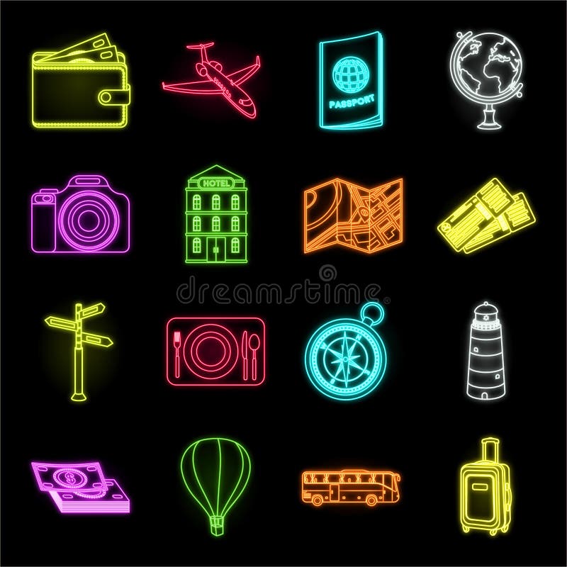 Rest and Travel Neon Icons in Set Collection for Design. Transport ...