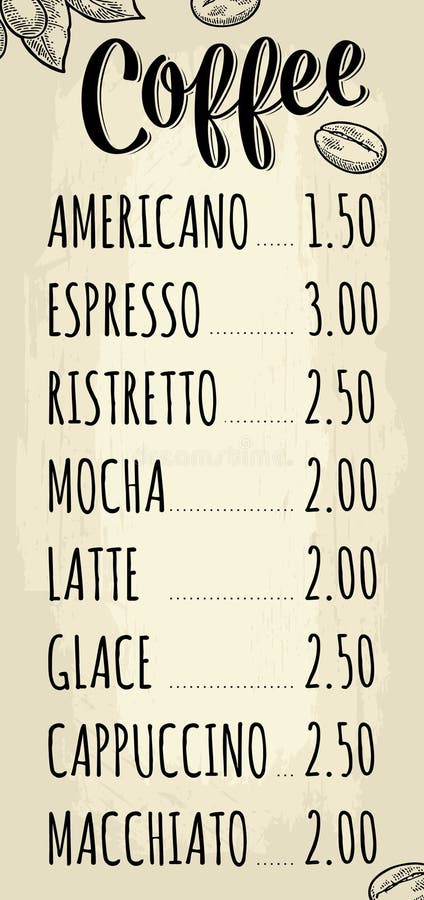 Restauracyjnego lub cukiernianego menu kawowy drinck z ceną ilustracji Restauracyjnego lub cukiernianego menu kawowy drinck z ceną ilustracji