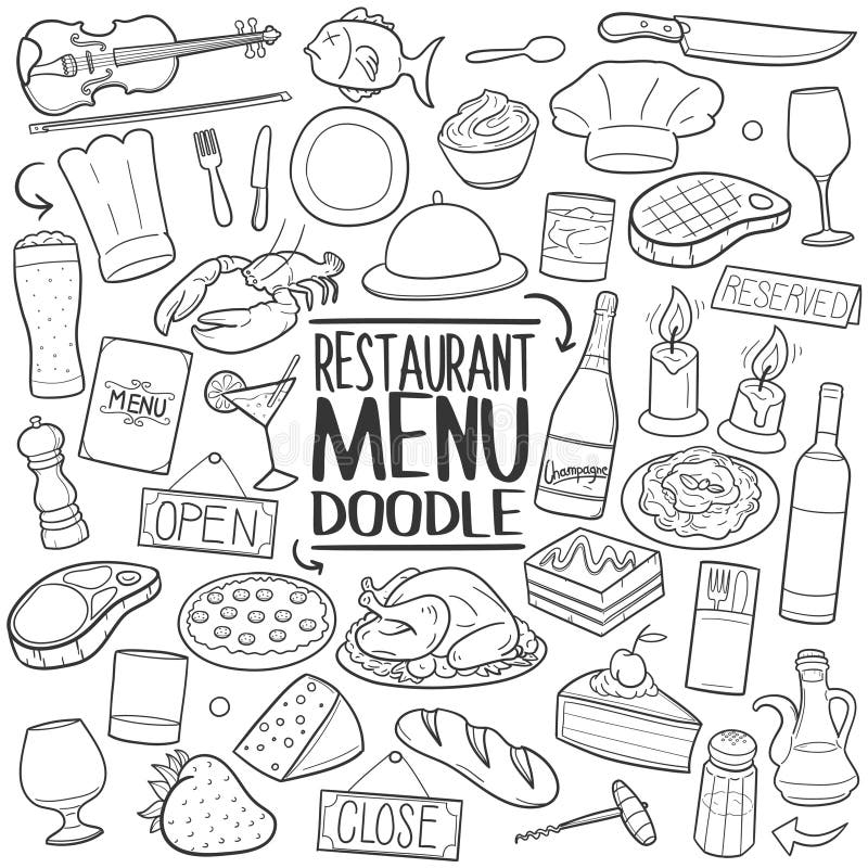 Restauracyjnego menu doodle ikony ręki remisu Karmowy Tradycyjny set