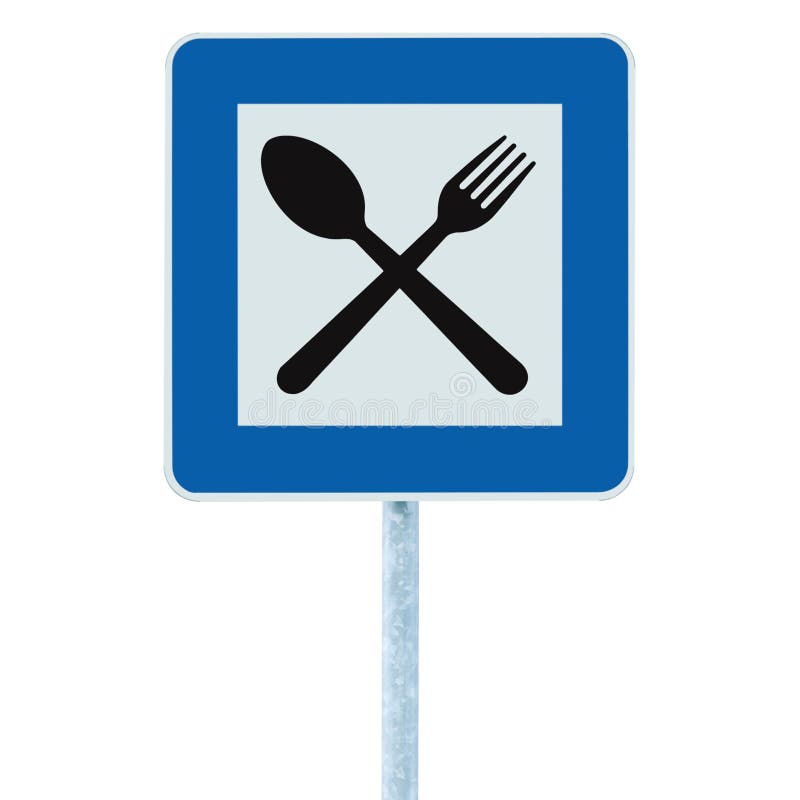 Restaurangvägmärke på stolpepolen, trafikroadsign, blå isolerad matställestång som sköter om closeupen för gaffelskedsignage royaltyfri fotografi Restaurangvägmärke på stolpepolen, trafikroadsign, blå isolerad matställestång som sköter om closeupen för gaffelskedsignage royaltyfri fotografi