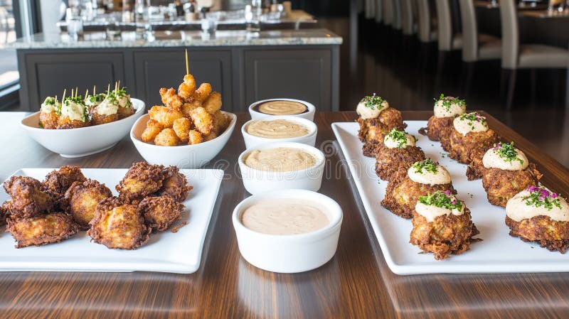 Restaurant appetizers, dips, table, event, background royalty free stock photos