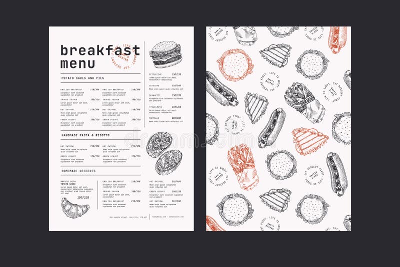 Restaurant breakfast vertical menu template. Cafe identity. Minimalist style. Engraved fast food illustrations. Vector vector illustration