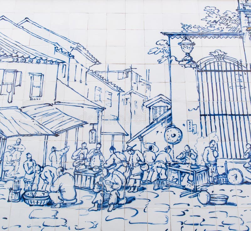 Restaurant de rue en dehors de S Domingos était a dessiné sur le mur en céramique par George Chinnery en 1840 photographie stock libre de droits Restaurant de rue en dehors de S Domingos était a dessiné sur le mur en céramique par George Chinnery en 1840 photographie stock libre de droits