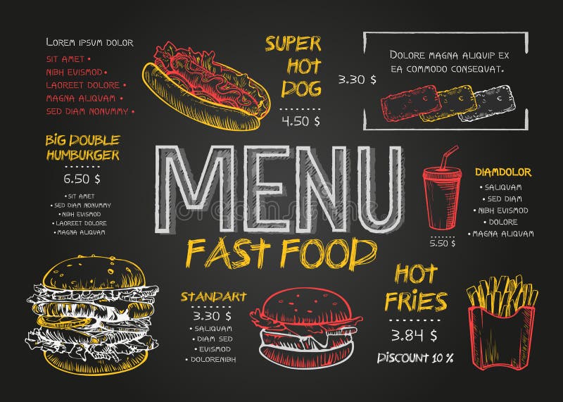 Restaurant Food Menu Design template with Chalkboard Background. Vintage chalk drawing fast food menu in vector sketch stock illustration Restaurant Food Menu Design template with Chalkboard Background. Vintage chalk drawing fast food menu in vector sketch stock illustration