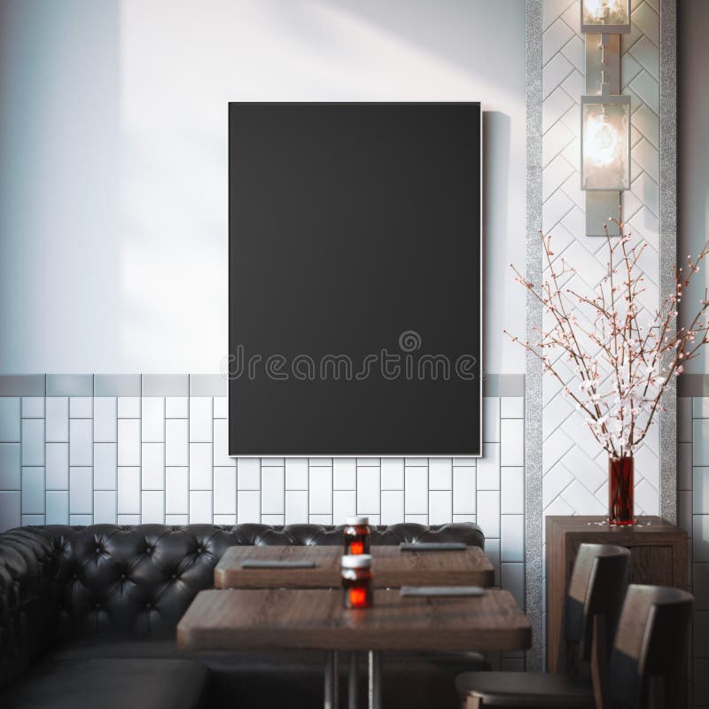 Restaurant interior with black canvas on a wall. 3d rendering