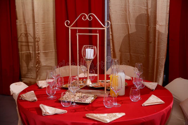 Restaurant Interior a Table Decorated with a Red Tablecloth in the