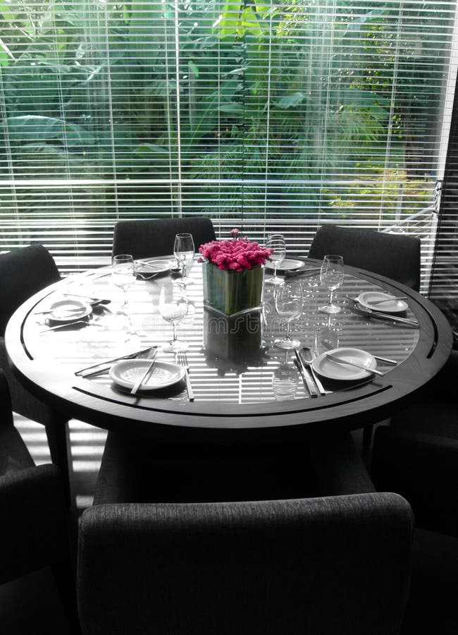 Restaurant interior, table, with garden view