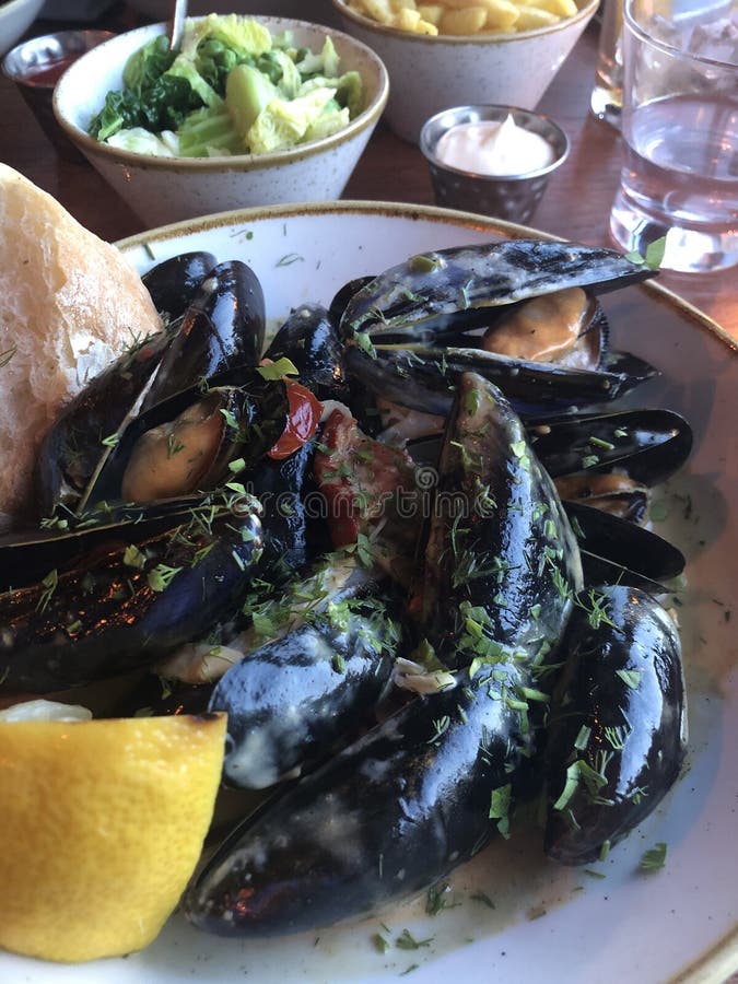 Restaurant Main Seafood, the Fresh Mussels, the Scallop Shell. Stock