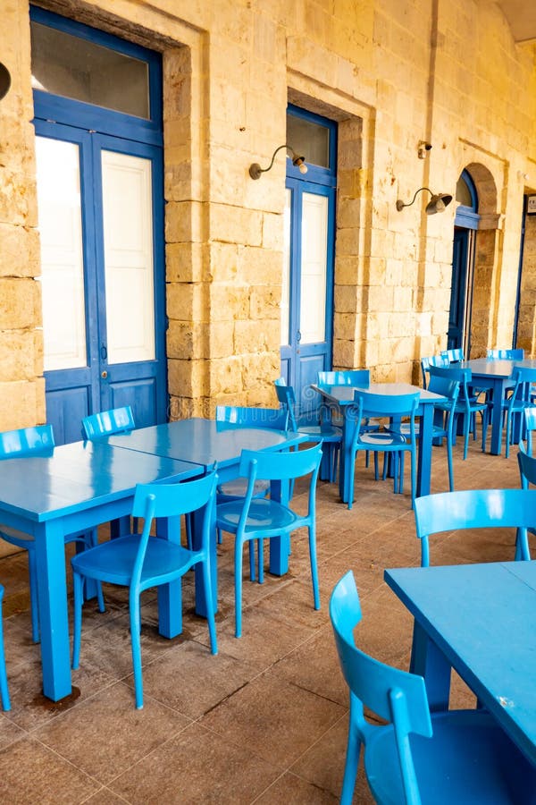 Tables and Blue Chairs of Restaurant in Malta Stock Photo Image of