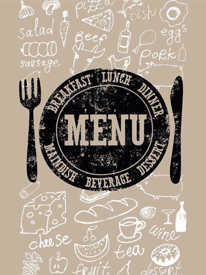 Restaurant menu design. Typographical retro poster with stamp and hand-drawn food. Vector illustration. stock illustration Restaurant menu design. Typographical retro poster with stamp and hand-drawn food. Vector illustration. stock illustration