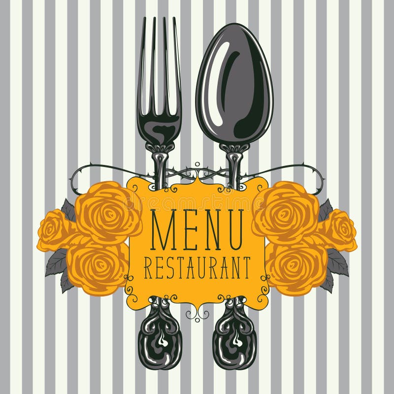 Restaurant Menu with Fork, Spoon and Yellow Roses Stock Vector