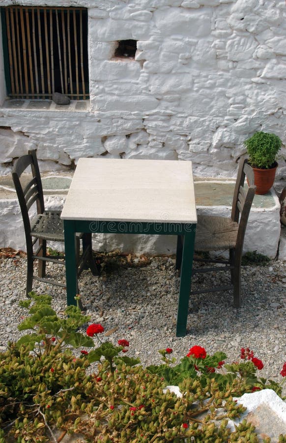 Restaurant next to ancient building stock photo