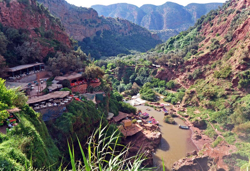 Restaurant on a rock over the valley of the Cascade D Ouzoud waterfall. Morocco.