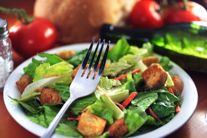 Restaurant Salad On Wooden Table. Stock Image Image of light, crouton