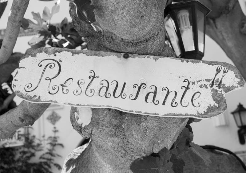 Restaurant Sign in Black & White Stock Image - Image of sunny, signage