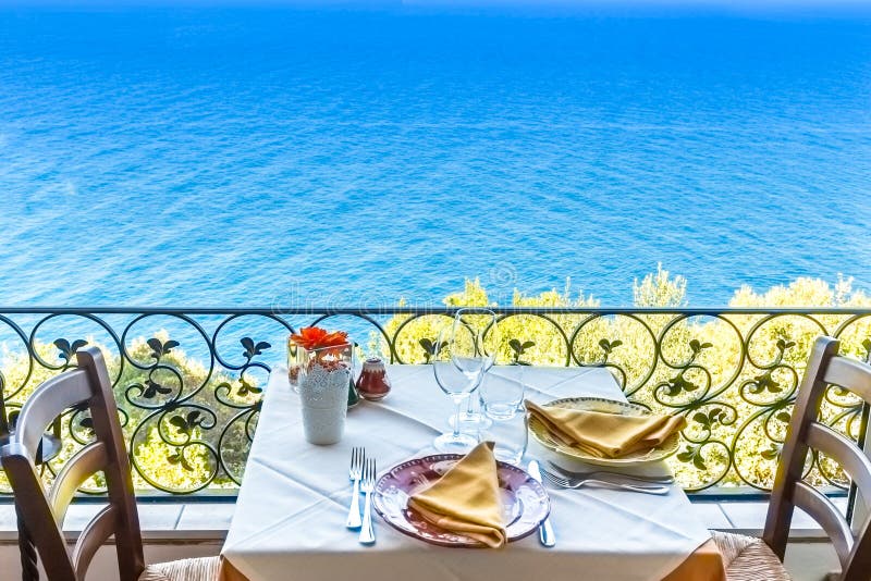 Restaurant Table Overlooking the Sea on the Amalfi Coast in Italy Stock ...