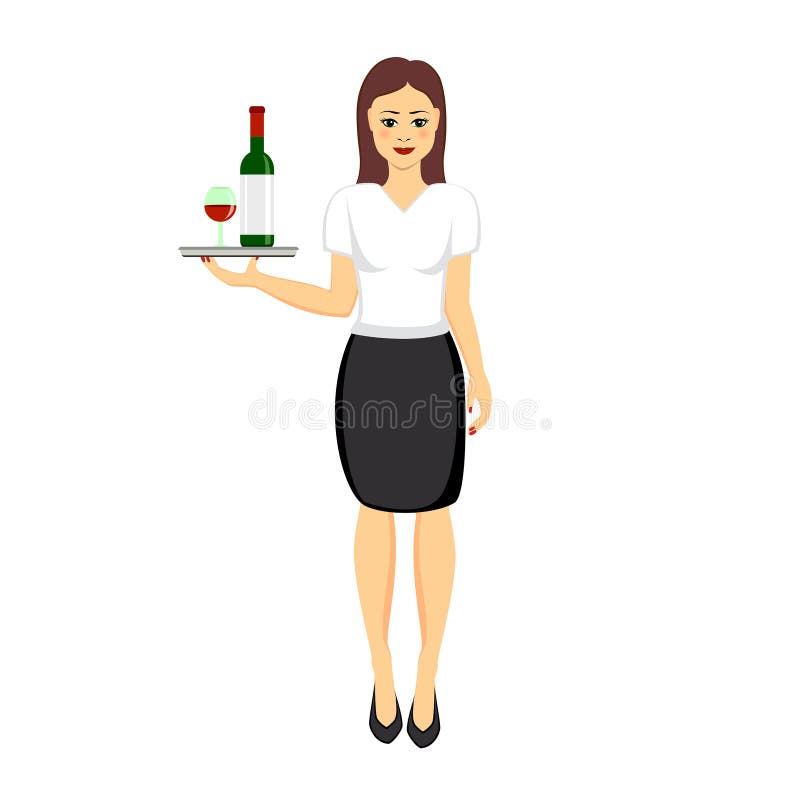 Restaurant waitress character holding tray with glass and bottle of red wine. Vector illustration isolated