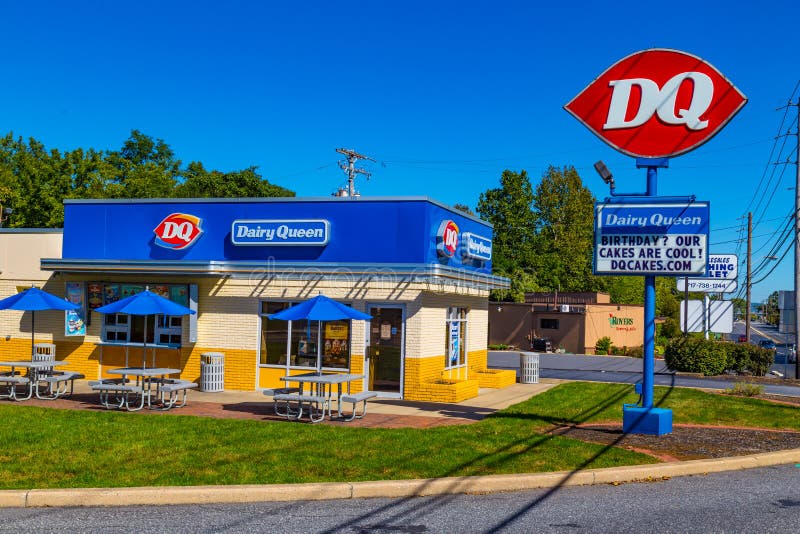 Ephrata, PA - October 5, 2016: A Dairy Queen restaurant is a chain that serves ice cream, drinks, and fast food sandwiches. Ephrata, PA - October 5, 2016: A Dairy Queen restaurant is a chain that serves ice cream, drinks, and fast food sandwiches.