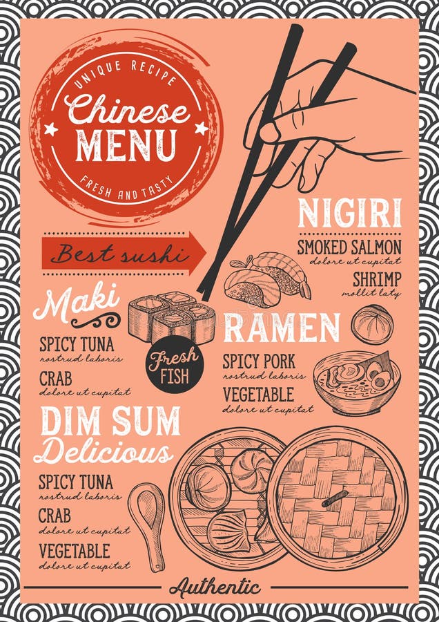 Japanese sushi restaurant menu. Vector chinese dim sum food flyer. Design template with vintage hand-drawn illustrations. Japanese sushi restaurant menu. Vector chinese dim sum food flyer. Design template with vintage hand-drawn illustrations.