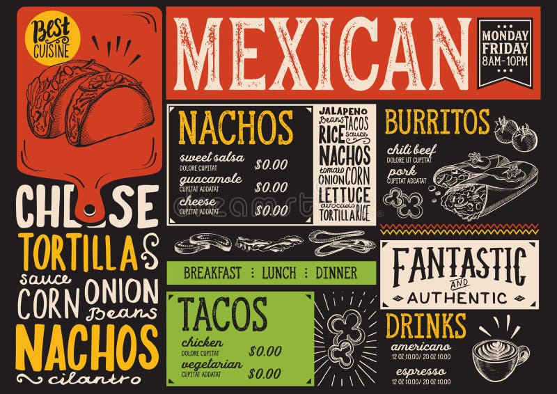 Restaurante mexicano do menu, molde do alimento ilustração stock Restaurante mexicano do menu, molde do alimento ilustração stock