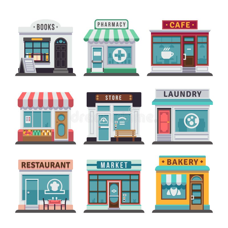 Restaurante moderno y edificios comerciales, fachadas de la tienda, boutiques de los alimentos de preparación rápida con los icon libre illustration Restaurante moderno y edificios comerciales, fachadas de la tienda, boutiques de los alimentos de preparación rápida con los icon libre illustration