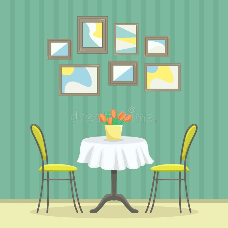 Restaurantinnenraum in der klassischen Art Tabelle mit Stühlen nahe der Wand mit Bildern stock abbildung Restaurantinnenraum in der klassischen Art Tabelle mit Stühlen nahe der Wand mit Bildern stock abbildung