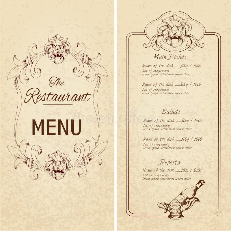 Retro vintage restaurant menu template with lion and wine bottle decoration vector illustration. Retro vintage restaurant menu template with lion and wine bottle decoration vector illustration