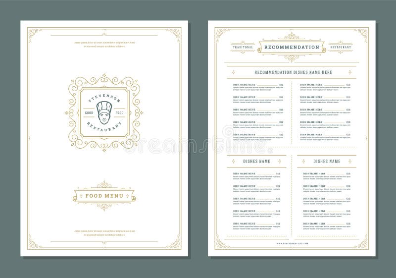 Restaurant menu design and label vector brochure template. Chef head illustration and ornament decoration. Restaurant menu design and label vector brochure template. Chef head illustration and ornament decoration.