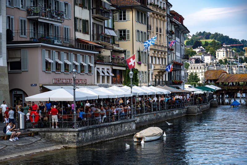 Restaurants and Bars at the River Reuss in the Old Town of Lucerne