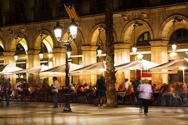 Restaurants at Placa Reial in night. Barcelona royalty free stock photography Restaurants at Placa Reial in night. Barcelona royalty free stock photography