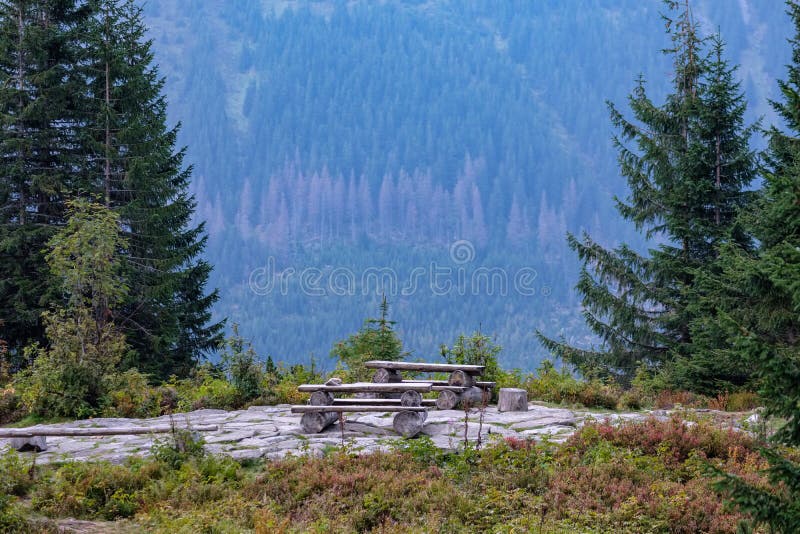 Resting area with tables in Slovakian mountains