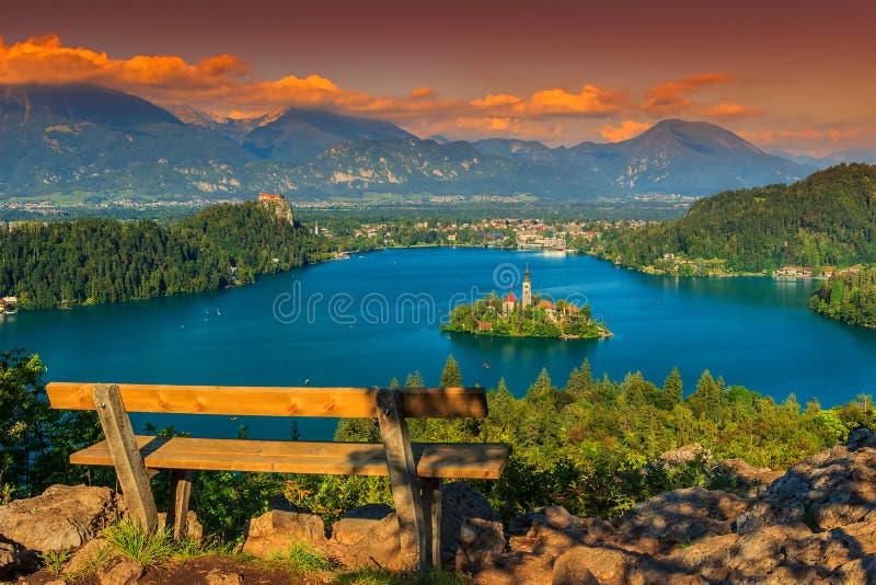 Resting place and Bled Lake panorama,Slovenia,Europe. Lake Bled with St Marys church on the small island and stunning sunset,Bled,Slovenia,Europe stock photo Resting place and Bled Lake panorama,Slovenia,Europe. Lake Bled with St Marys church on the small island and stunning sunset,Bled,Slovenia,Europe stock photo