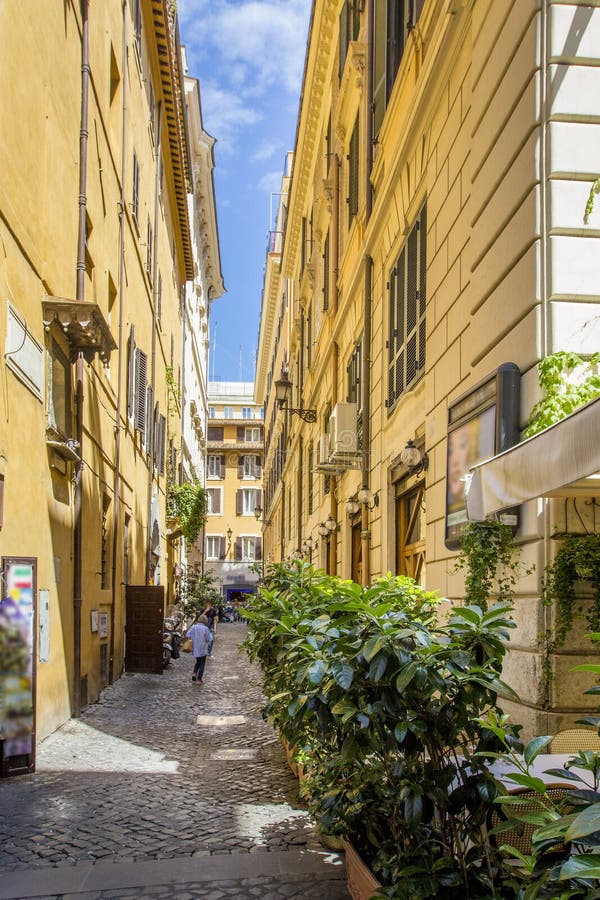 Restringa la via pavimentata con le vecchie case gialle e molti piante verdi/fiori, Roma, Italia fotografie stock Restringa la via pavimentata con le vecchie case gialle e molti piante verdi/fiori, Roma, Italia fotografie stock