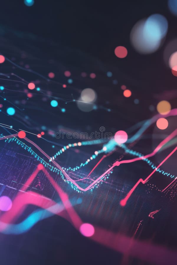 Resumen de gráficos financieros con líneas coloridas en un fondo oscuro imagenes de archivo