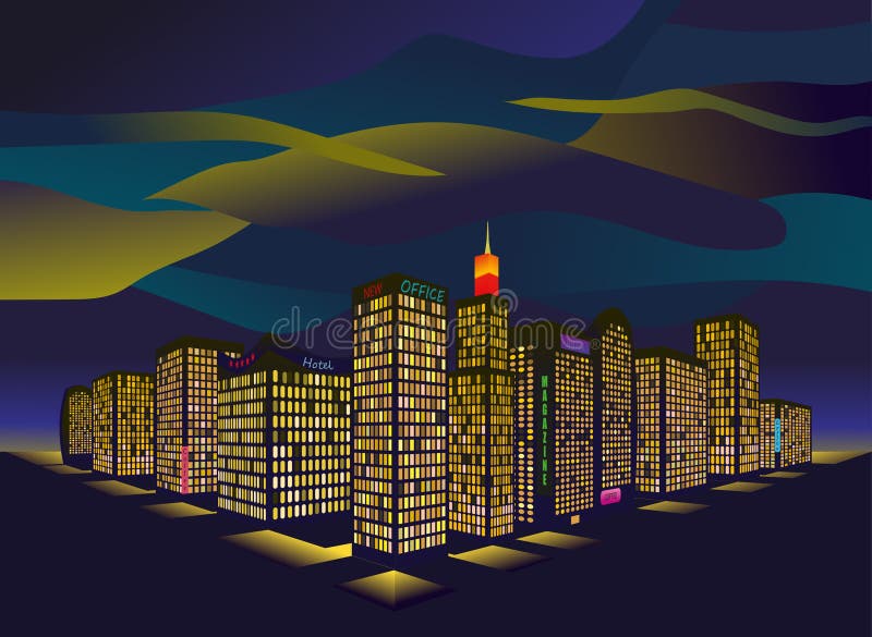 Resumen de la imagen vectorial del edificio de la ciudad nocturna. Antecedentes urbanos. Resumen de ciudad futurista. stock de ilustración