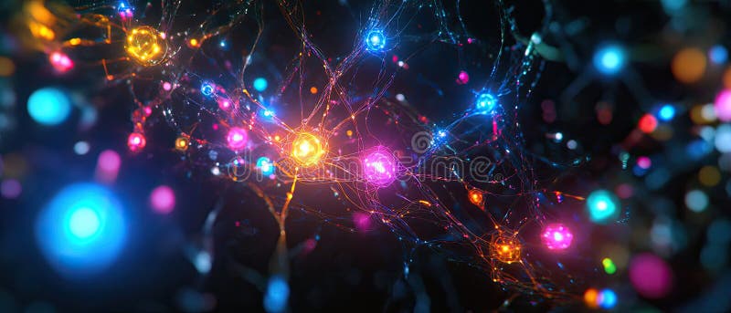 Resumen de la red neuronal digital con nódulos coloridos brillantes stock de ilustración