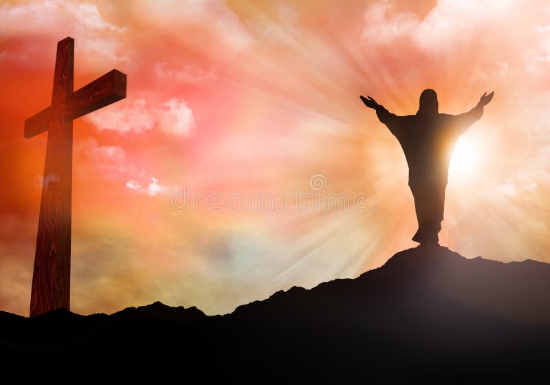 resurrection Siluetta di Jesus Christ Concetto di Christian Easter Tramonto con i raggi di luce illustrazione 3D royalty illustrazione gratis resurrection Siluetta di Jesus Christ Concetto di Christian Easter Tramonto con i raggi di luce illustrazione 3D royalty illustrazione gratis