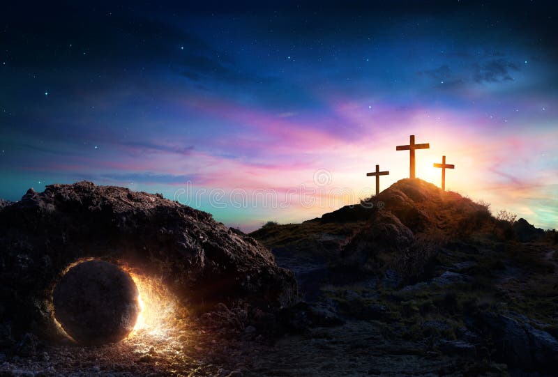 Resurrection - Tomb Empty With Crucifixion. At Sunrise royalty free stock images