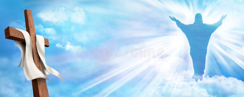 Resurrezione dell'insegna di web Incrocio cristiano con il fondo aumentato del cielo delle nuvole e di Jesus Christ Vita dopo la