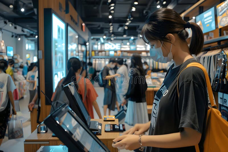 Retail Customer Uses Self-Checkout Kiosk with Digital Display Screen for Contactless Payment in Modern Store Enviro stock illustration