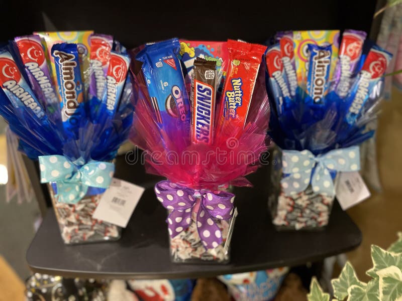 Retail grocery store candy bar gift baskets front view