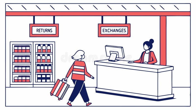 Retail returns and exchanges counter with staff assisting customers, vector design Generative AI stock illustration