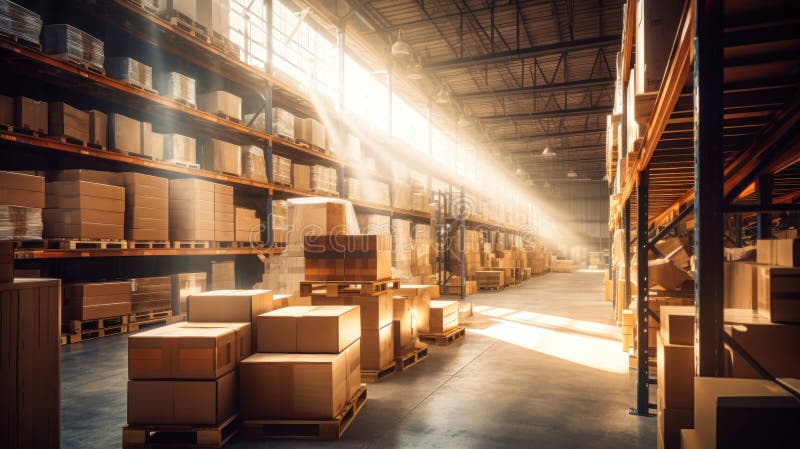 Retail Warehouse Full of Shelves with Goods in Cardboard Boxes ...