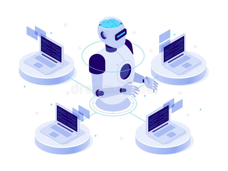 Rete di intelligence artificiale robot AI virtuale, chat con un assistente informatico e vettore isometrico di apprendimento dell royalty illustrazione gratis