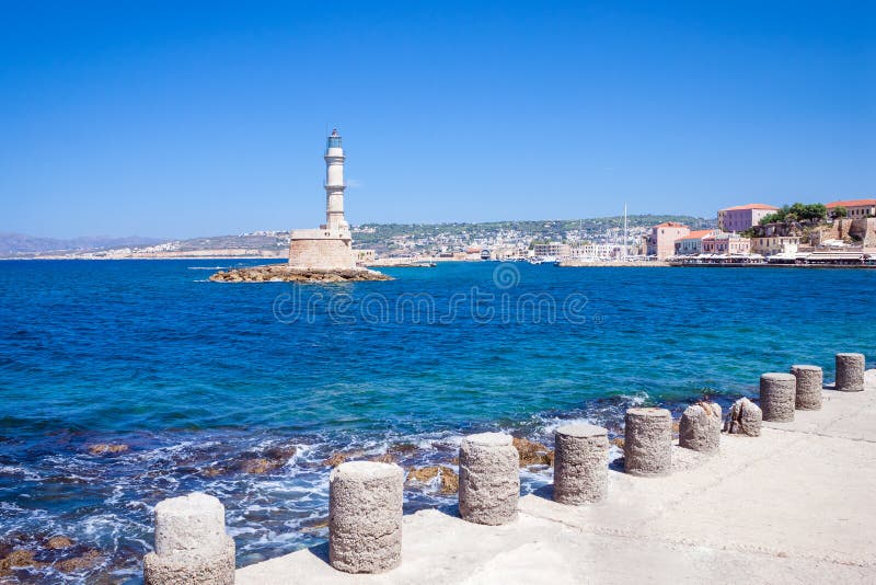 Rethymnon, Crete, Greece - August 15, 2015: The lighthouse in the Venetian port of Rethymnon, the old town. stock photography Rethymnon, Crete, Greece - August 15, 2015: The lighthouse in the Venetian port of Rethymnon, the old town. stock photography