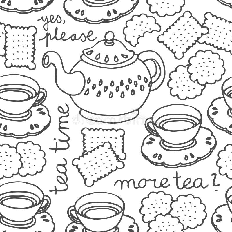 Reticolo senza cuciture monocromatico di tempo del tè illustrazione di stock Reticolo senza cuciture monocromatico di tempo del tè illustrazione di stock