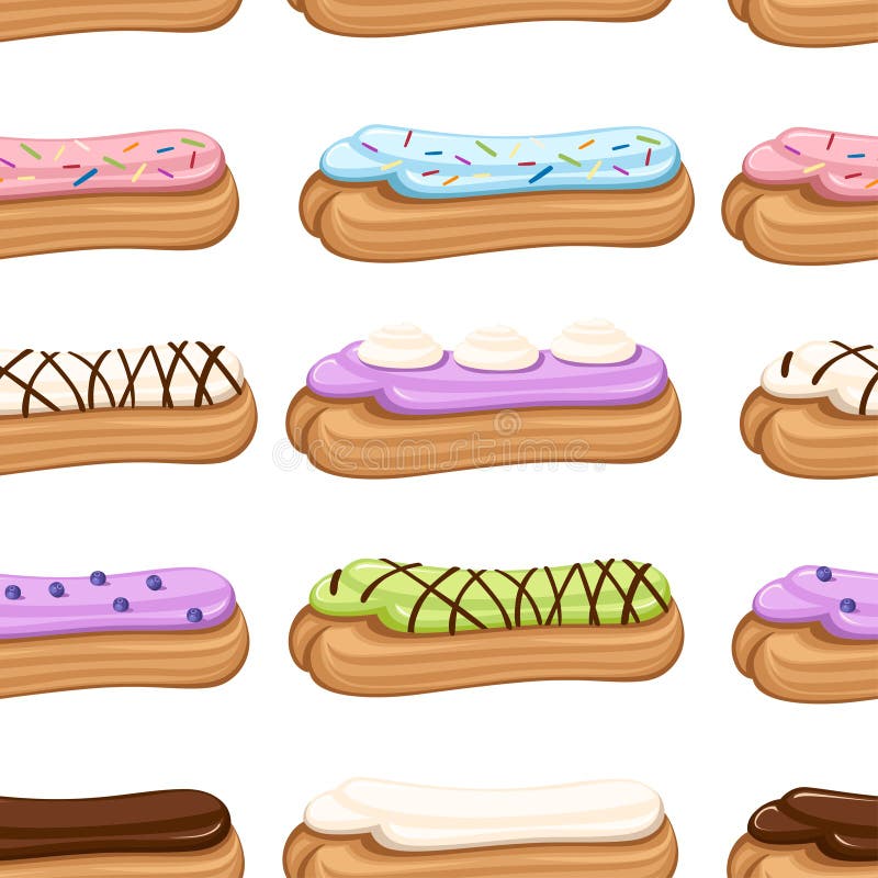 Reticolo senza giunte Dessert crema dolce e squisito del eclair Chou riempito di crema Illustrazione piana su bianco illustrazione di stock Reticolo senza giunte Dessert crema dolce e squisito del eclair Chou riempito di crema Illustrazione piana su bianco illustrazione di stock